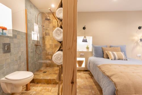 a bedroom with a bed and a shower and a toilet at Terres Élaïs in Robion en Luberon
