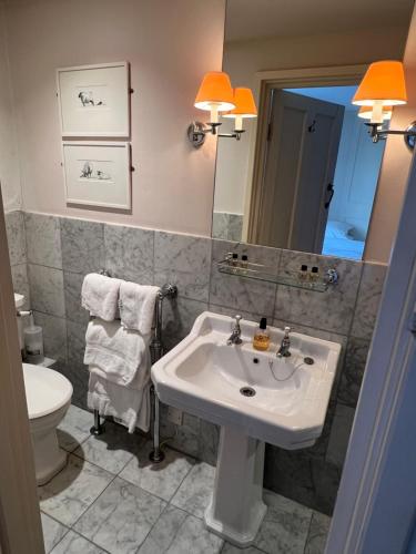 a bathroom with a sink and a toilet and a mirror at Lamb Inn in Wartling