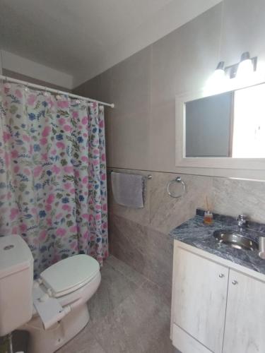 a bathroom with a toilet and a shower curtain at Catalina - Excelente ubicación en pleno centro - 2A in Santa Fe