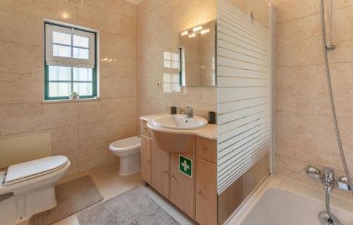 a bathroom with a sink and a toilet and a shower at Apartment Karin mit schönen Meerblick in Porches