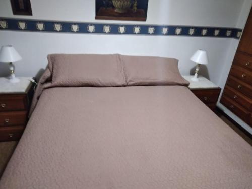 a bedroom with a bed with two nightstands and two lamps at Atlántico Peatonal in Necochea