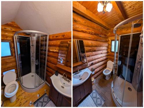 two pictures of a bathroom in a log cabin at Cabana Rustic Balea in Cîrţişoara