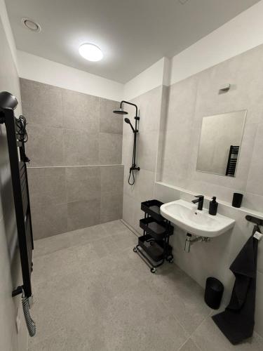 ein Badezimmer mit Waschbecken und Dusche in der Unterkunft The Blue Church Family Apartment Old Town Self Check-in 6 guest in Bratislava