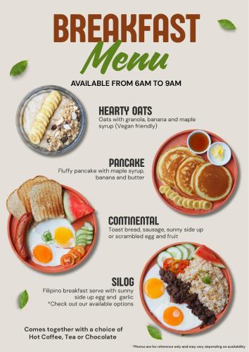 公主港Adlaw Inn的早餐菜单包括鸡蛋、面包和食物