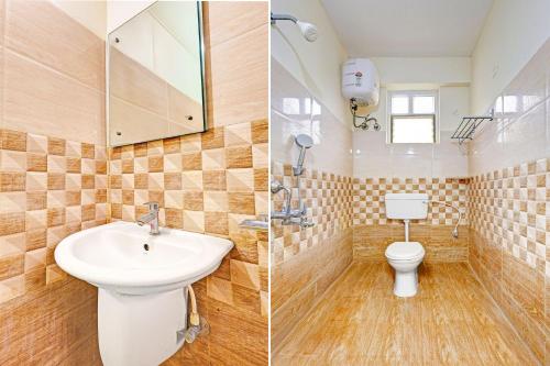 two pictures of a bathroom with a sink and a toilet at Super Collection O Beach Road Near GITAM in Visakhapatnam