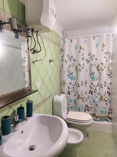 a bathroom with a sink and a toilet and a shower curtain at Al vicolo dei Mori in Trecastagni