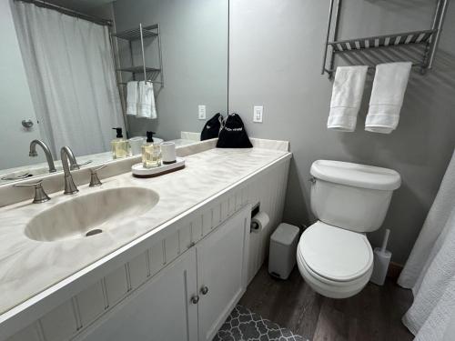 a white bathroom with a toilet and a sink at Amazing Lake Winni Views in Cedar Lodge Complex in Laconia