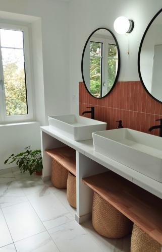 a bathroom with two sinks and two mirrors at Gite NAYA in Saint-Christophe-sur-Dolaison