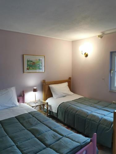 a bedroom with two beds and a table with a lamp at Spring Harmony Trikala Pigi in Tríkala