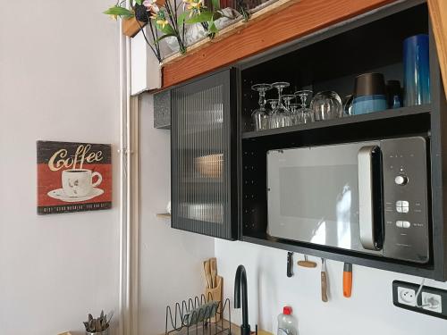 a black microwave hanging from a kitchen wall at Charmant Studio - Face Gare SNCF Grenoble -Bus, Centre-Ville, Tout à Pied ! in Grenoble
