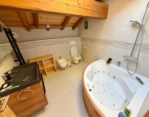 ein großes Bad mit einer Badewanne und einem WC in der Unterkunft Le Refuge d'Ours, Champagny in Champagny-en-Vanoise