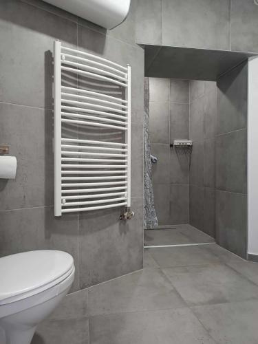 a bathroom with a toilet and a shower at Stefánia Suites in Szeged