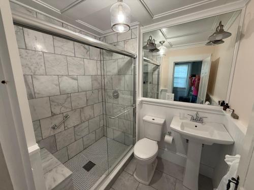 a bathroom with a shower and a toilet and a sink at The Copper Swan in Wellfleet