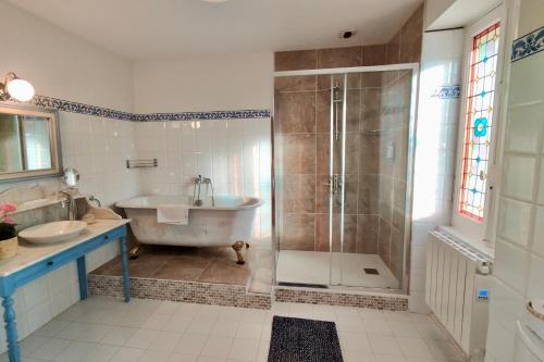 une salle de bain avec une baignoire, une douche et un lavabo dans l'établissement Domaine de Rasigous, à Saint-Affrique-les-Montagnes