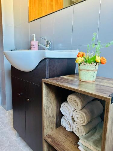 a bathroom with a sink and a counter with towels at Alvão Sunrise - Natural Park in Vila Real