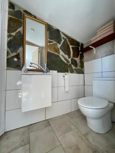 a bathroom with a toilet and a mirror at Casa Bella Vista in Cómpeta