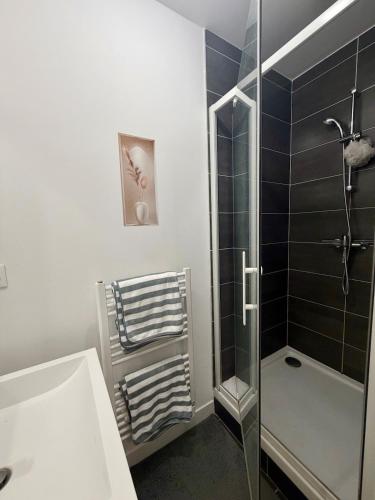 a bathroom with a shower with a glass door at Harmony in Limonest