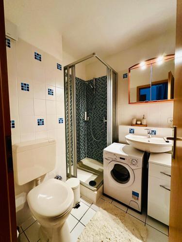 a bathroom with a toilet a sink and a shower at Havnkoje in Lemkenhafen auf Fehmarn