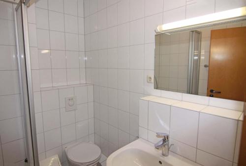 a bathroom with a sink and a toilet and a mirror at Orth A5 in Orth