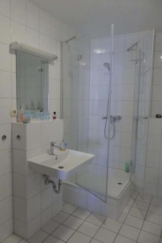 a white bathroom with a shower and a sink at Orth - E37 in Orth