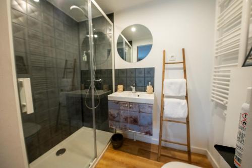 un baño con ducha y lavabo en Studio Insolite Viking, en Caen