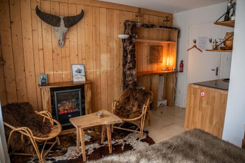 Una sala de estar con chimenea y una mesa y sillas. en Studio Insolite Viking, en Caen