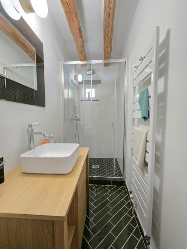 a bathroom with a sink and a shower at Détente absolue et piscine chauffée 