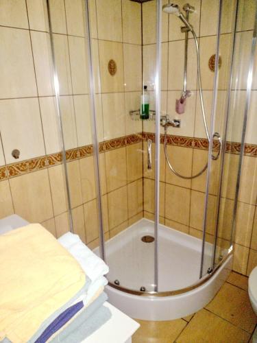 a bathroom with a shower and a tub at Loft Szczytna in Szczytna