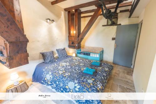 ein Schlafzimmer mit einem Bett in einem Zimmer mit Holzdecken in der Unterkunft Moulin de Flaujague - Bordeaux in Bassanne