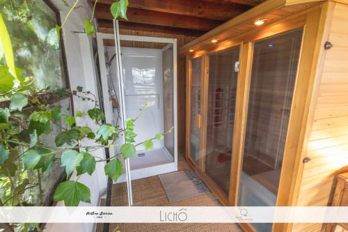 eine Glastür eines Hauses mit einer Pflanze in der Unterkunft Moulin de Flaujague - Bordeaux in Bassanne