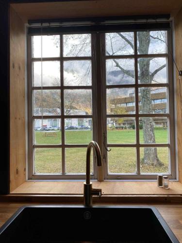 a window in a kitchen with a sink and a sink at Lærdalsøren Motor Guesthouse in Lærdalsøyri