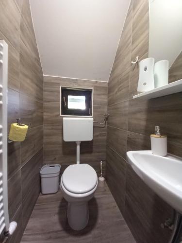ein Badezimmer mit Toilette und Waschbecken in der Unterkunft Apartma Melita in Rovte