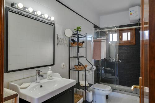 a bathroom with a sink and a toilet and a mirror at Casa Vereda del Risco in Guinate