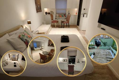 three images of a living room with two mirrors at London loft by let it b travel in London