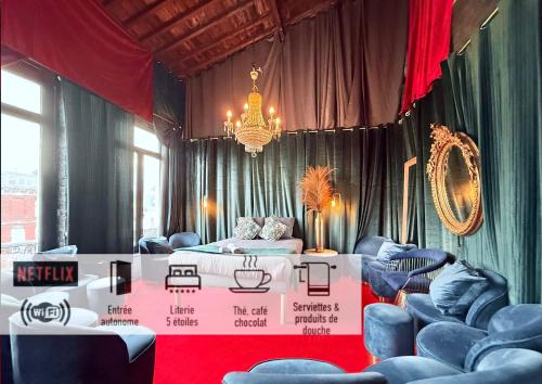 a room with a table with chairs and a bed at 10 Très Grande Chambre insolite double volume XL, proximité gare de tourcoing in Tourcoing