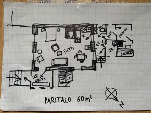 a drawing of a drawing of a room at 60m2 studio w sauna in a semi-detached house in Lapinkangas in Oulu
