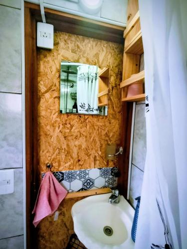 a small bathroom with a sink and a mirror at Casa Nido Tiny House in El Chalten