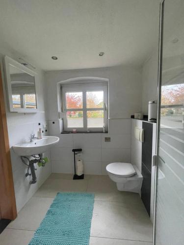 a bathroom with a sink and a toilet and a window at Auf dem Land in Wittbek