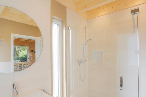 a bathroom with a shower and a mirror at Am Hafen 21 in Zislow