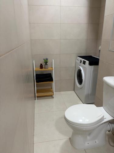 a bathroom with a toilet and a washing machine at Tedds Cosy 2 bedroom Apartment in Tal-Pietà