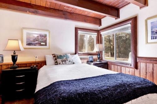 ein Schlafzimmer mit einem großen Bett und zwei Fenstern in der Unterkunft Bear Tracks Ski Haus Retreat- Hot Tub- Pool Table in Big Bear Lake