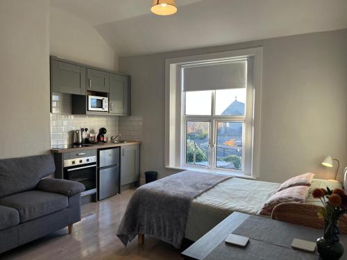 ダブリンにあるLury's Studio Apartmentのベッドルーム1室(ベッド1台付)、キッチン(窓付)