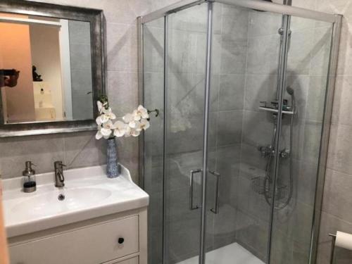 un baño con ducha y lavabo en Santelmo,16, en Málaga