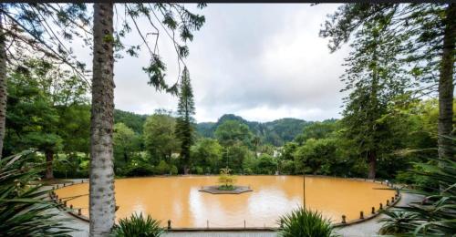 une grande piscine d'eau dans un parc arboré dans l'établissement Pés Verdes-Alojamento e Chá, à Ponta Delgada
