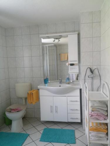 a bathroom with a sink and a toilet and a mirror at Ferienhaus Brigitte in Klingenthal