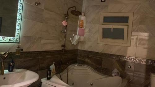 a bathroom with a tub and a sink and a toilet at شقة مفروشة سوبر لوكس علي النيل in Mansoura