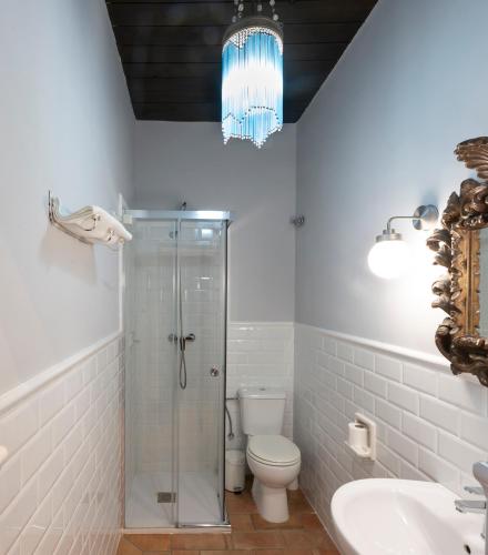 a bathroom with a shower and a toilet and a sink at Hospedería Monasterio de San Leandro in Seville