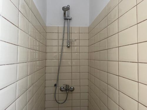 eine Dusche mit einem Schlauch im gefliesten Bad in der Unterkunft Villa Evangelia in Karavádhos