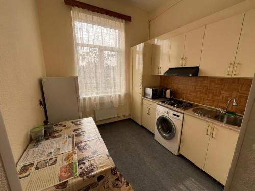 a small kitchen with a sink and a washing machine at Aviator Apartment in Bina