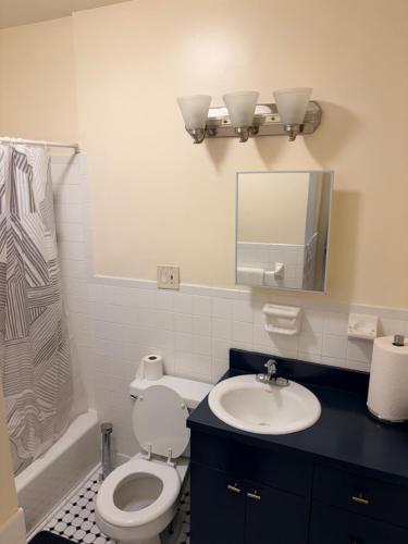 a bathroom with a toilet and a sink and a mirror at The Park Ave Studio in New York